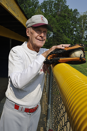 Bernie Fowler holding a bat. Photograph: Michael W. Fincham